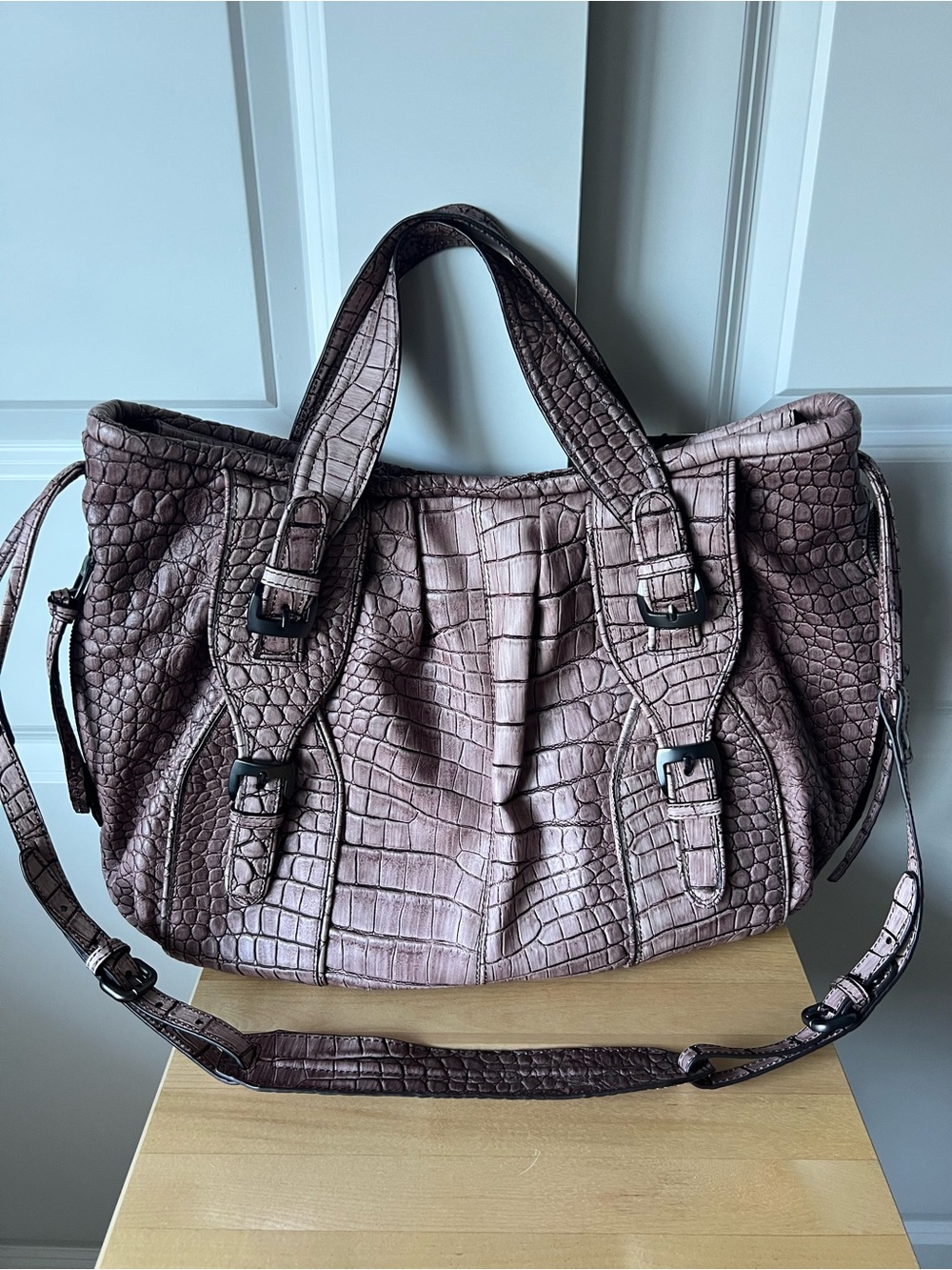 Kooba Croc-Embossed Leather Tote in Mauve